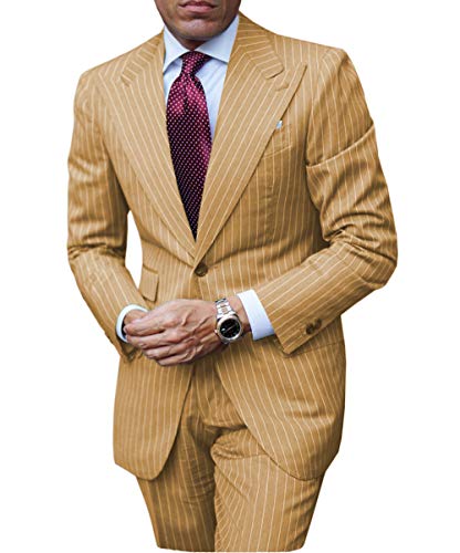 Jiaoyunshi 2 Piece Casual Men Suits-V Neck Notched Lapel Groomsmen Prom Tuxedo Pinstripe Suit for Men (Jacket and Pants)2