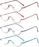 REAVEE 4 Pack Half Lens Reading Glasses for Women Retro Designer Alloy Spring Hinge Metal Frame Half Moon Readers with Pouch, Red Pink Blue Purple 2.0