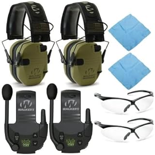 Walker's Razor Slim Electronic Shooting Muffs (OD Green Patriot, 2-Pack) with Walkie Talkies, Shooting Glasses, and Cleaning Cloths Bundle (8 Items) - Walker's