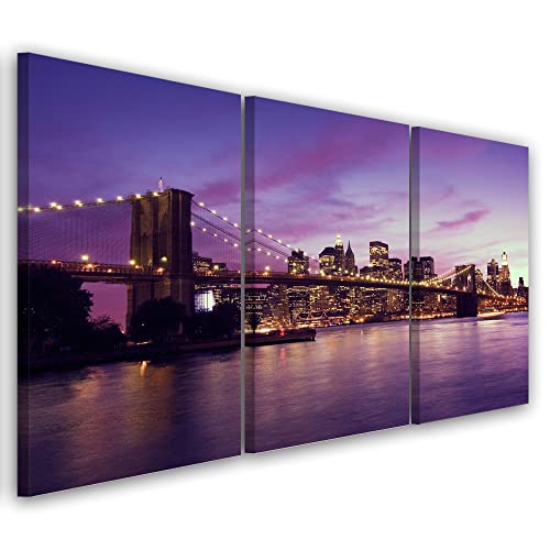 Feeby 3 pièces Impression sur Toile Intissé 120x60 cm Manhattan New York Le pont de Brooklyn Image décoration Murale Design Chambre d'enfant Lumières Ville...