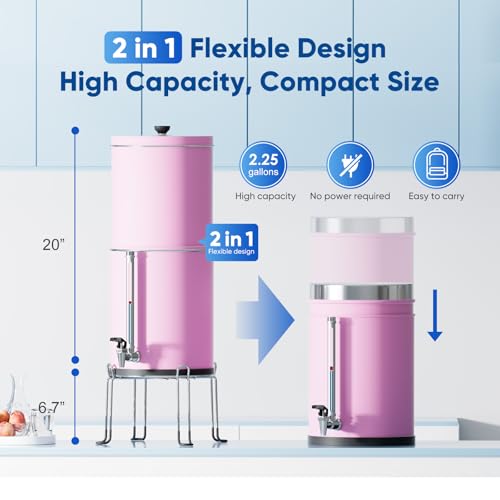 Image of Purewell 3-Stage 0.01μm Ultra-Filtration Gravity Water Filter System, 304 Stainless Steel Countertop System with 2 Filters, Metal Water Level Spigot and Stand, Reduce 99% Chlorine, 2.25G, PW-OB-K