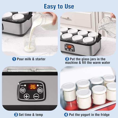HOPERAN Yogurt Maker with Adjustable Time and Temp Control, Yogurt Maker Machine with Automatic Shut-Off & Constant Temper for Homemade Probiotic, Greek Yogurt, BPA-Free (Black Grey, 48 oz/8 Jars) - Thumbnail 6