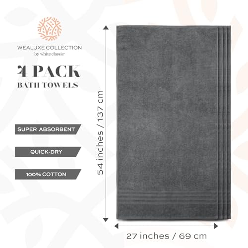 Image of White Classic Wealuxe Grey Bath Towels Set of 4, Cotton Body Towel for Hotel, Gym, Spa, Soft Extra Absorbent Quick Dry Towels for Bathroom 27x54 Inch