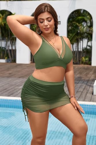 Eagerbuy Women's Plus Size High Waisted Bikini Sets Tummy Control Two Piece Swimsuits Mesh Sarong Wraps Bathing Suits Army Green
