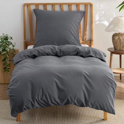 BEDSURE Bed Linen 135 x 200 cm Cotton 2-Piece Bed Linen Sets Anthracite Duvet Cover with 1 Pillowcase 80 x 80 cm, Similar Texture to Washed Linen, Oeko-Tex Bedding Grey with Zip