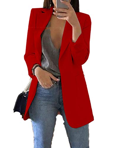 JIER Damen Elegant Langarm Blazer Langärmliger Anzugjacke Einfarbig Cardigan Business Slim Fit Bolero Jacke Anzug Trenchcoat Mantel mit Tasche (Rot,Large)