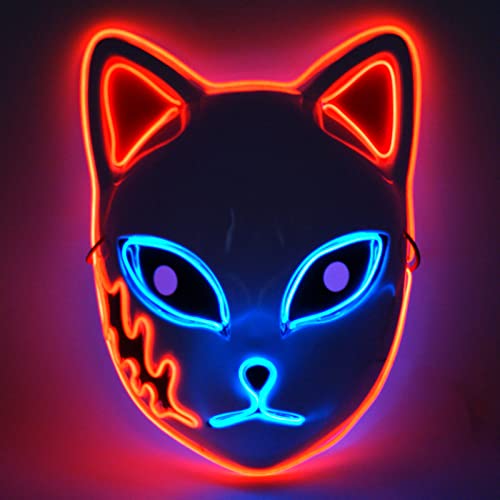AHCCSD Led Mask Demon Slayer Japanese Anime Fox Mask Demon Slayer Cosplay Light Up Mask Red Double Colors For Kids And Adults. (Red)