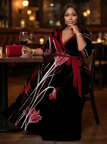 Image of SUZONANA Plus Size Dresses for Women Print Maxi Dresses Flowy 3 /4 Sleeve with Belt