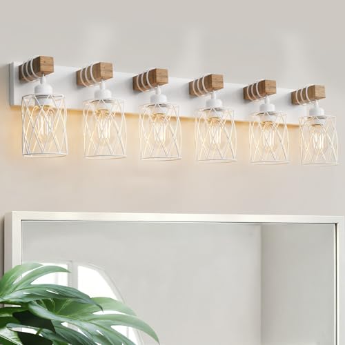 Image of IZORRO Farmhouse Bathroom Vanity Light, 6-Light Wood Bathroom Light Fixtures Over Mirror, Matte White Industrial Vanity Lights with Metal Shade, Rustic Restroom Lighting Fixtures