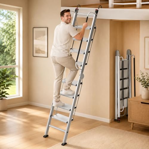 8 Step Attic Ladder Foldable Aluminum Loft Stairs Ladders 8.5ft Heavy Duty Attic Egress Ladder with Handrails & Adjustable Non-Slip Steps Portable Bunk Bed Ladder for Dorm Rv Warehouse