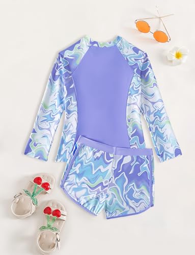 Image of Happy Cherry Girls Two Piece Rash Guard Swimsuit Floral UPF 50+ Swim Set Summer Beach Swimwear 8-12T