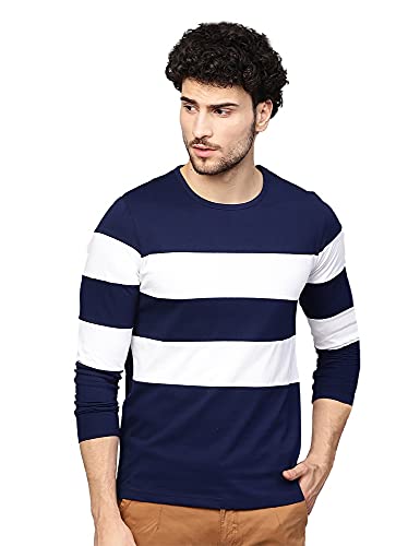 Image of EYEBOGLER Men's Striped Regular fit T-Shirt (T5 Navy Blue White S)