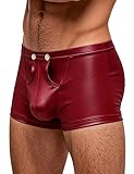 comeondear Sexy Boxershorts Herren mit Öffnung PU Leder Unterwäsche mit Beutel Große Größen Unterhosen mit Knöpfe Sissy Dessous Männer Reizwäsche Erotische Shorts Slips Elastizität Gay Clubwear Rot,L