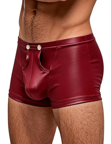 comeondear Sexy Boxershorts Herren mit Öffnung PU Leder Unterwäsche mit Beutel Große Größen Unterhosen mit Knöpfe Sissy Dessous Männer Reizwäsche Erotische Shorts Slips Elastizität Gay Clubwear Rot,XL