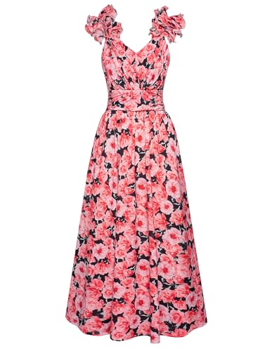 GRACE KARIN 2025 Women's Summer Floral Print Dress Sleeveless Casual Flowy Sundress A Line Ruffle Wedding Guest Outfit Red Floral L