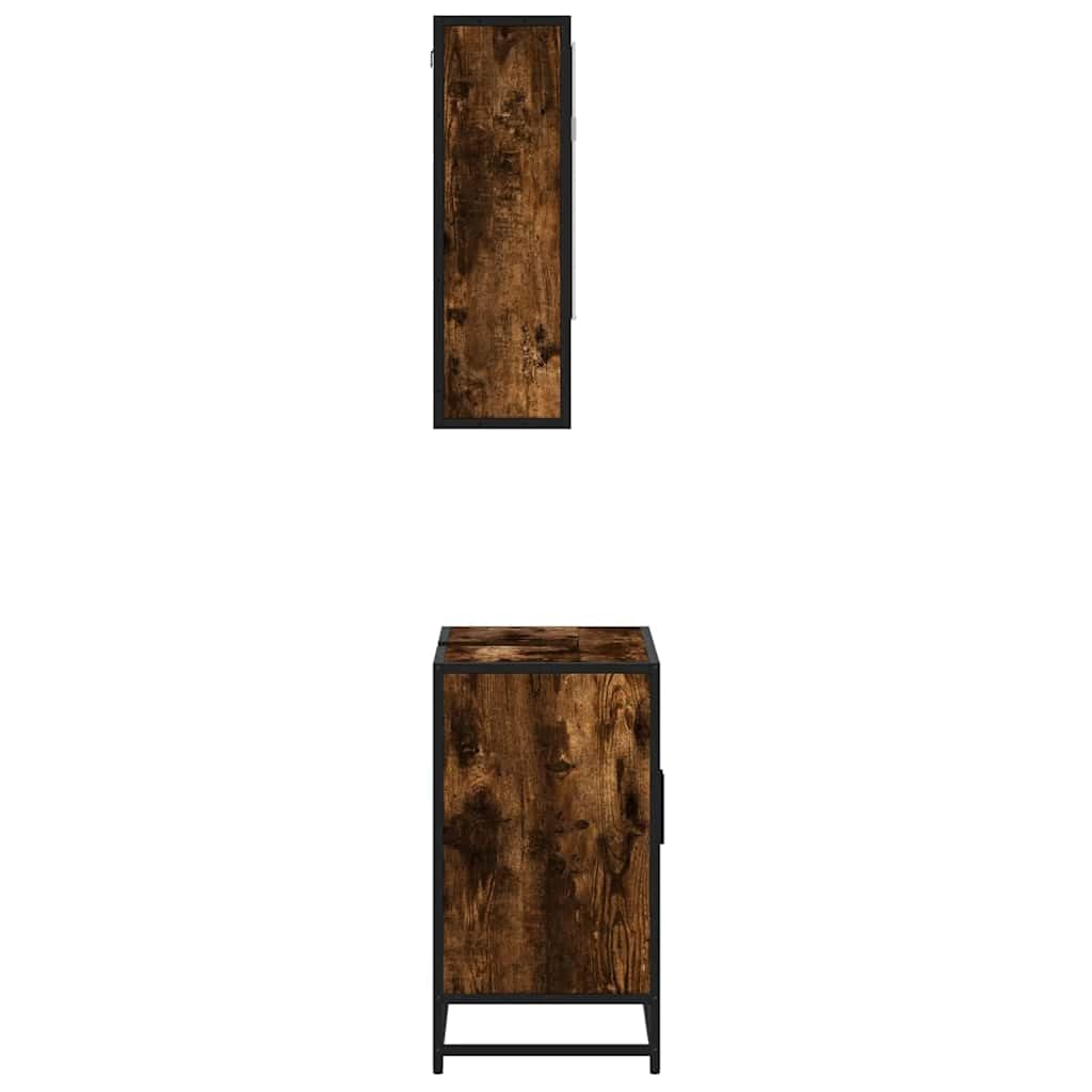 Set Mobili da Bagno 2 pz Rovere Fumo in Truciolato e Metallo | Soluzione salvaspazio per il bagno con armadietto a specchio sospeso e mobile sottolavello in stile industriale.