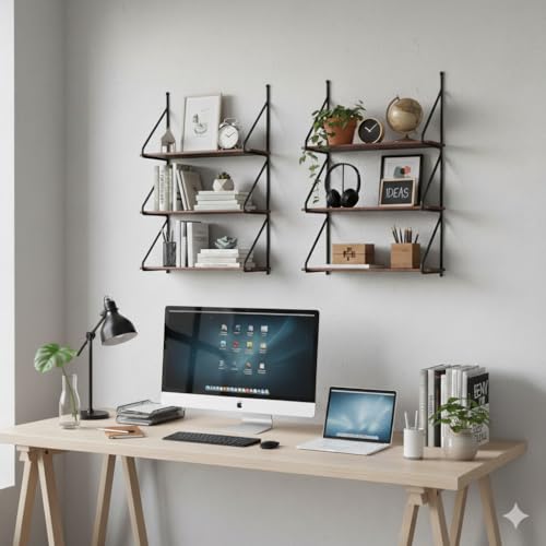 Image of Wall Mount Floating Shelves for Books Shelf, Antiques, Organizer, Storage - DIY - MDF (Solid Wood Steel Pack of 2)