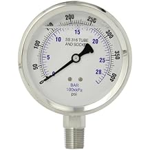 PIC Gauge 301L-402I 4" Dial, 0/400 psi Range, 1/2" Male NPT Connection Size, Bottom Mount Glycerine Filled Pressure Gauge with a Stainless Steel Case and Internals, Stainless Steel Bezel, and Polycarbonate Lens
