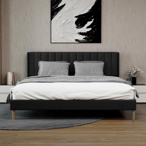Image of Low Profile Upholstered Platform Bed with Winback Headboard | Bed Queen Size | Bed for Bedroom, Living Room | Bed Without Storage | Mattress not Included | Fabric Color:- Black