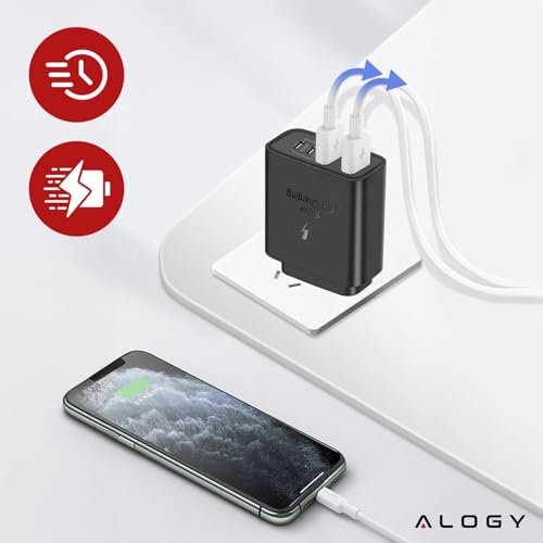 Alogy 40W Szybka Ładowarka do telefonu 2x USB-C, 2x USB-A do iPhone 16 16e 15 14 13 12 11 Pro, iPad, Google Pixel 9 8 7 6, Samsung Galaxy S25 S24 S23 S22 Ultra, ładowarka PD+QC Gniazdo Zasilania