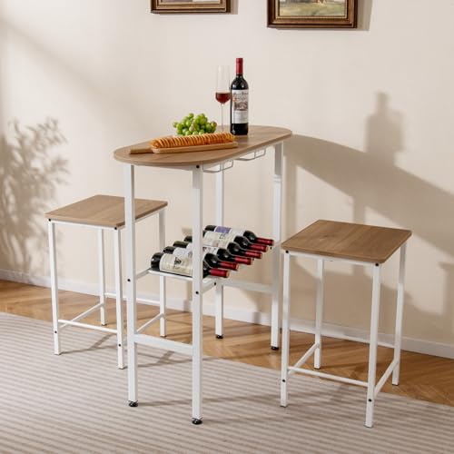 COSTWAY Table Cuisine avec Tabourets, Table de Cuisine 2 Personnes, 2 Porte-Bouteilles, Porte-Verres, Repose-Pieds Réglable, Cadre en Métal, Design Ovale pour Coin...