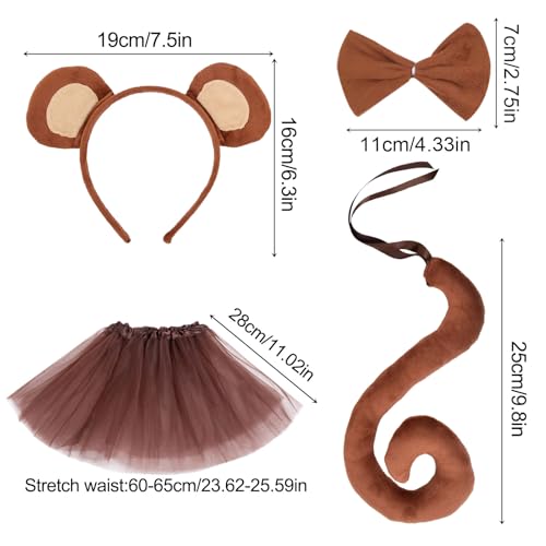 EUPSIIU 4 Stück Affen Kostüm, Affenohren Tier Affen Ohren Stirnbänder Langen Schwanz Fliege Mädchen Tutu, Affenkostüm für Kinder Fasching Tierkostüm Halloween Karneval Tier Haarbänder Cosplay (Affen)