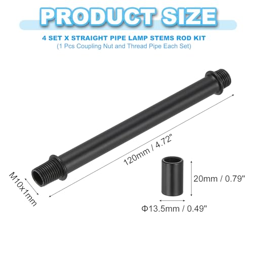 Image of PATIKIL Straight Pipe Lamp Stems Rod Kit, 4Set M10 Carbon Steel 120mm(4.72 inch) Long Double End Thread Rod with Coupling Nuts Sleeve Connector for Table Lamps Chandeliers, Black