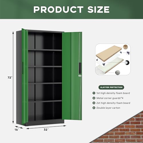 Image of Greenvelly Metal Storage Cabinet, 72 inch Locking Metal Garage Storage Cabinet with Doors and 4 Adjustable Shelves, Lockable Steel Cabinet for Home Office, Garage, Shop, School (Green 32 inch W x 16 inch D)