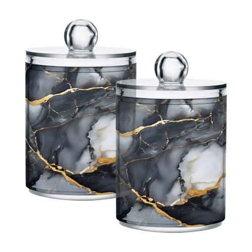 Mnsruu 2 Pack Qtip Holder Organizer Dispenser Abstract Black White Gold Marble Bathroom Storage Canister Plastic Cotton Ball Holder Bathroom Containers for Cotton Swabs/Pads/Floss