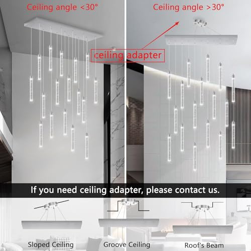 Image of Rectangular Chandeliers 17-Lights Long Light for Entryway LED Dimmable Chandeliers Lighting Fixture Flat Sloped High Ceiling Pendant Lights Crystal for Living Room Foyer Hallway Staircase Silver