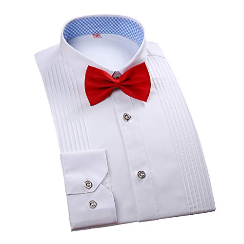 TAOBIAN Mens Pleated Tuxedo Shirts Formal Button Up Dress Shirts Bow Tie Included US Small White 1801