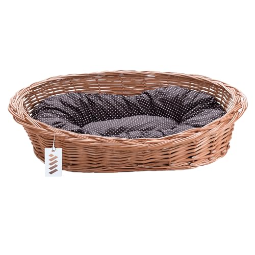 Wiklinowy Świat - Hundebett Weidenkorb Katzenbett für Hunde und Katzen, Weidenbett für Haustiere - Natürlich warm, atmungsaktiv und stilvoll - 75x53x17cm - gepunktetes braunes Kissen
