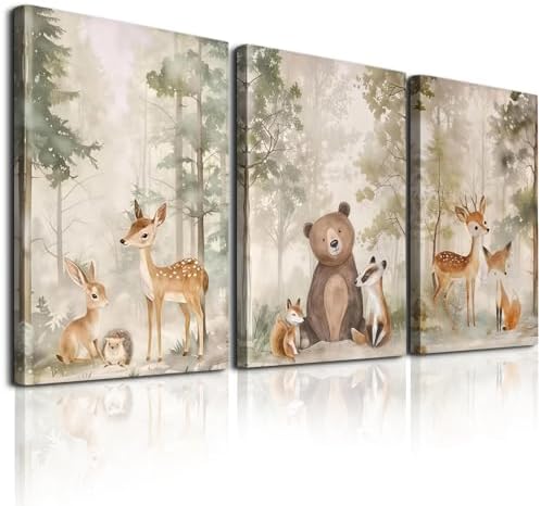 Woodland Animal Nursery Wall Art - 3Pcs Nursery Decor Wild Animal...