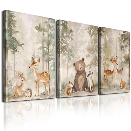 Woodland Animal Nursery Wall Art - 3Pcs Nursery Decor Wild Animals Forest Paintings Pictures Wall Decor Bear Fox Deer Watercolor Poster Printing Artwork for Boys Girls Room Home Decoration16x24In