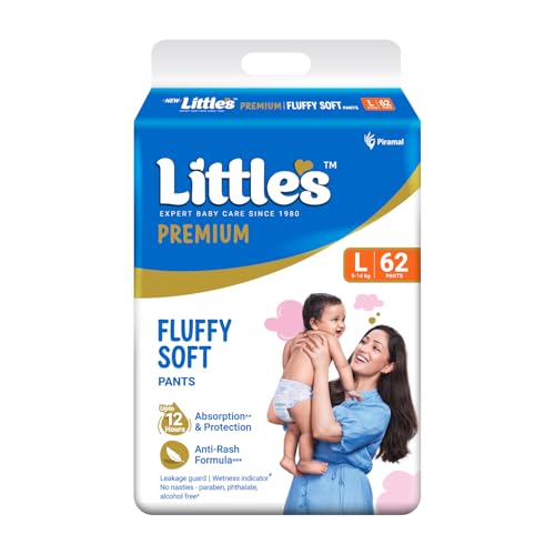 Image of Little's Premium Baby Diapers L Size (Large) Pants Style | 9-14 kg | 62 Count | Super Jumbo FluffySoft Baby Diaper with Leakage Guard, Wetness Indicator & 12 Hours Absorption (Pack of 6)