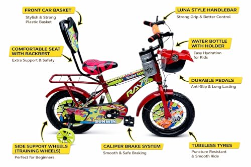 Image of Rayz 14 Inch Kids Bicycle for 2-5 Years Boys & Girls with Training Wheels, Car Basket, Backrest, Water Bottle, Tubeless Tyres & Steel Mudguard - Red