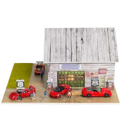 1/64 Scale Cars Display Case for Model Car Display and Storage, Stackable Garage with LED Light and Acrylic Cover for Hot Wheels & Matchbox Dioramas American Workshop