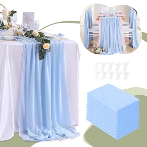 10 Pieces 10Ft Chiffon Table Runners Blue Sheer Rustic Wedding Table Runner Elegant Bridal Party Decorations 27x120 Inches