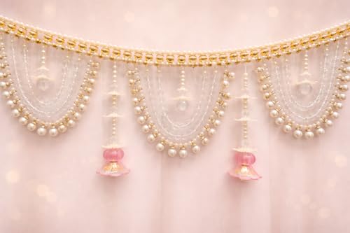 Image of Designer Pearl Beads Toran for Door | Pink Lotus Hanging Bandarwal | 3 Feet Length | Elegant Traditional Door & Pooja Decoration for Diwali, Wedding & Housewarming