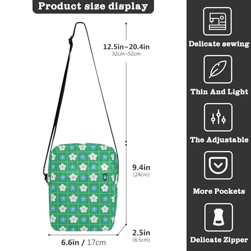 KLL Blue and FLOWERs Green Checkered Pattern cute messenger bag Vegan Leather cross body bag men Travel Shoulder Handbags3