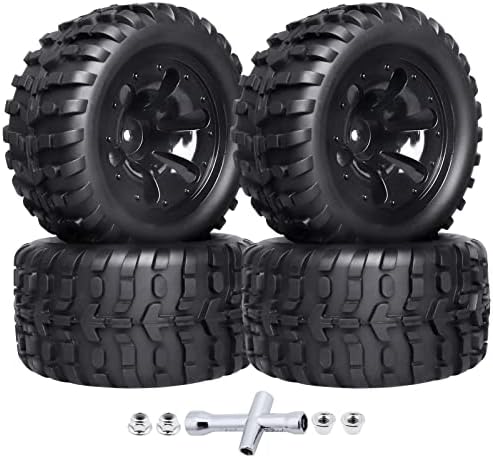 HobbyPark Pre-Glued 12mm Hex 1/10 Scale RC Truck Tires and Wheels for Traxxas Rustler Stampede 4x4 VXL 2WD, Redcat Volcano EPX Pro S30 Blackout XTE Pro, Mounted with Foam Inserts (4-Pack)