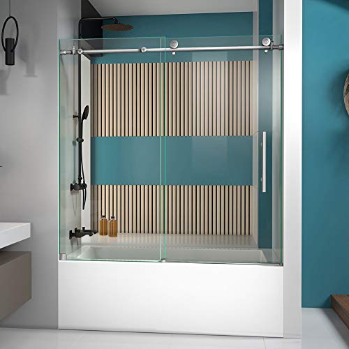 DreamLine Enigma-X 55-59 inch W x 62 inch H Frameless Sliding Tub Door in Brushed Stainless Steel and Clear Glass