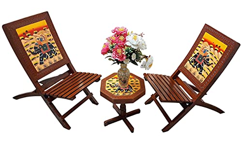Image of SAARTHI Rajasthani Dhola Maru Handmade Wooden Ethinic Antique Designer Folding Chairs and Table Set for Home| Decor| Office| Garden| Outdoor| Indoor| Balcony| Launge| Lawn| Cafe| Bar| Living Room| Bedroom Room| Childern Room Decor| Outdoor Sitting , Multicolour (2 Elephant Chair + 1 15 Inch Elephant Table)