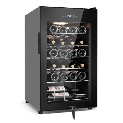 Tylza 24 Bottle Wine Fridge, Wine Cellar with Powerful Compressor, LED Touchscreen, Low-E Tempered Glass Door, Lock, Wine Cooler Refrigerator for Red, White, Champagne or Sparkling Wine, Black