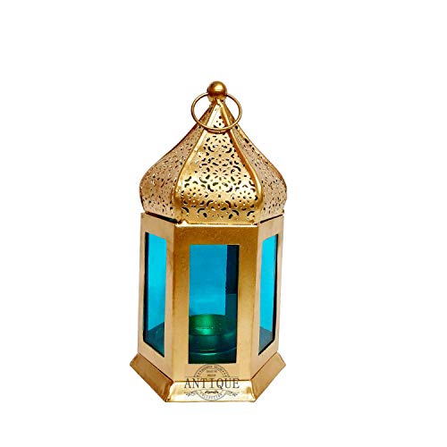 Antique Collection Golden Color Moroccan Lantern with Multicolour Glass |...