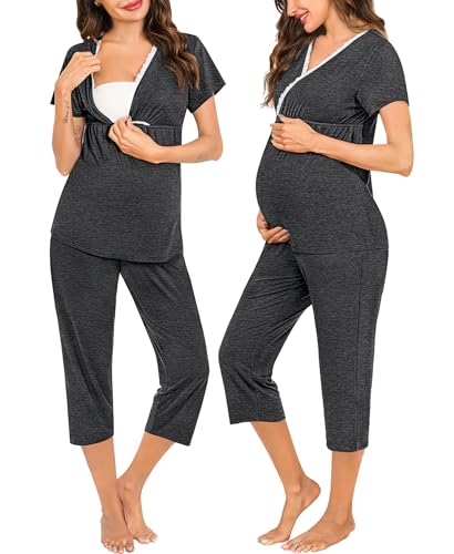 Image of SWOMOG Women Maternity Pajamas Set Nursing PJs Breastfeeding After Birth 2PCS Pregnancy Top & Pants With Pockets Postpartum Hospital Sleepwear Deep Grey