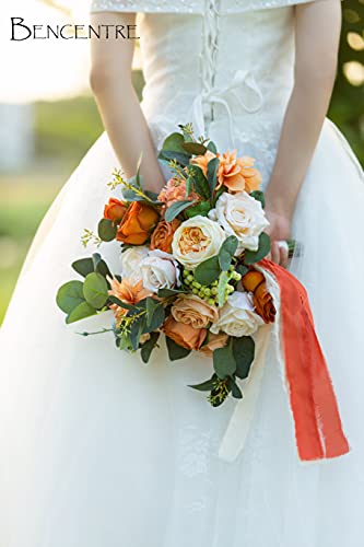 Bencentre 12" Burnt Orange Wedding Bouquet Fabric Austin Rose Mix Artificial Flowers, Bridal Bouquet For Wedding Ceremony Anniversary, Bridal Shower, Party And French Rustic Vintage Wedding #TOP3