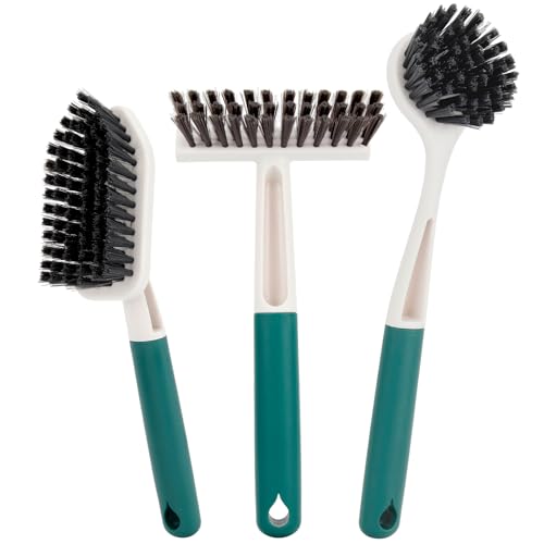 Image of Xicennego 3 Pack Kitchen Cleaning Brush Set,1 Pot and Dish Cleaning Brush with Long Handle,1 Kitchen and Bathroom Brush with Scraper Strip, 1 Hard-Bristled Brush for Sink, Countertops, Tiles(Green