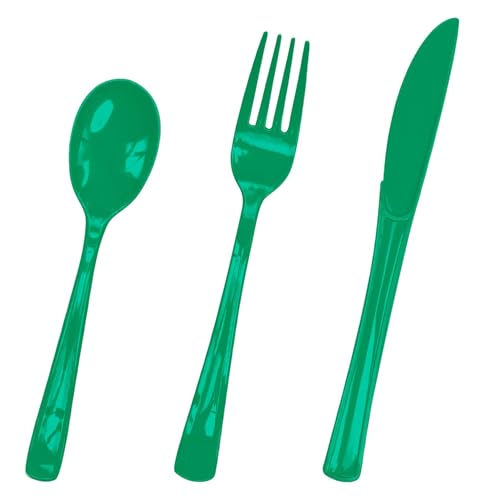 HEIPINIUYE 75 Pack Green Plastic Cutlery Heavy Duty Green Plastic Knives Forks and Spoons Disposable Silverware Set for 25 Guest Camping Birthday Baby Shower Party Cutlery Set