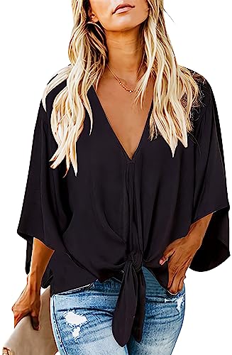 Women's Casual Floral Blouse Batwing Sleeve Loose Fitting Shirts Boho Knot Front Tops